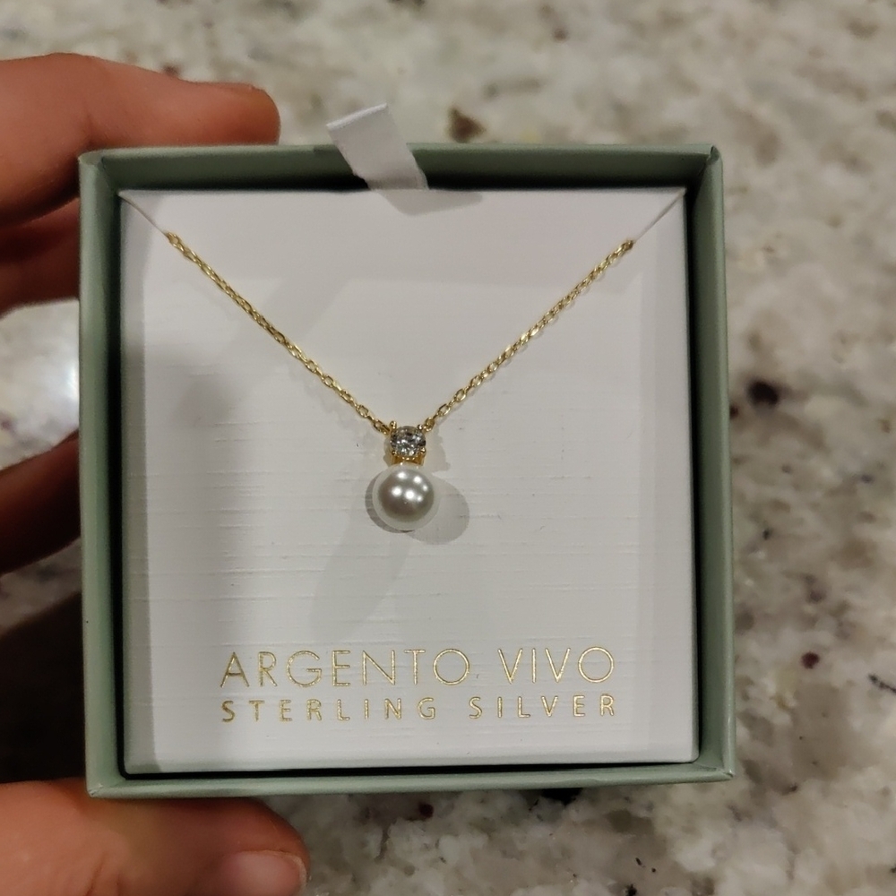 New!Argento Vivo Gold Tone Chain Sterling Silver Cubic Zirconia Pearl Pendant